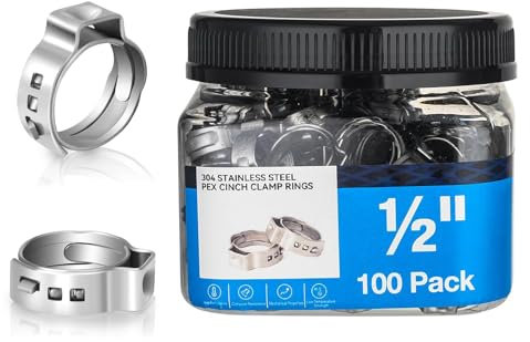 Seelink 100PCs 1/2 Inch PEX Cinch Clamp Rings, 304 Stainless Steel Crimp Rings for Single Ear Hose Clamps, Pipe Fitting Connections(CLAMP016)
