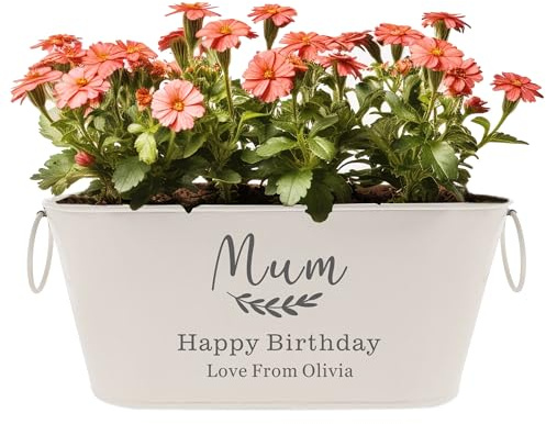 EDSG Personalised Plant Pot Engraved Metal Flower Pot Planter Garden Plant Pots Outdoor with Rings Gardening Gifts for Women Her Nanny Railing Balcony Anniversary Wedding Birthday(White, Design 4)