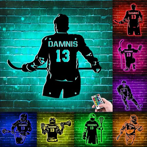 ALICESER Personalisiertes Eishockey-Spieler-Metall-Wandkunst, LED-Lichtschild, individueller Hockey-Name, Neonschild, Heimdekoration, Wandhintergrund, Hockeyspieler, Sportliebhaber-Dekoration