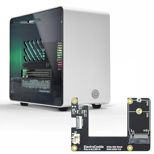 ElectroCookie Boîtier Raspberry Pi 5, mini tour en aluminium avec M.2 NVMe SSD PCIe HAT et refroidisseur d'éclairage RVB actif (argenté)