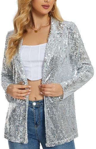 Ypser Women's Sequin Blazer Open Front Sparkle Jacket Glitter Coat for Evening Party