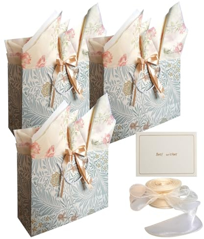 Geschenktasche Set, Lilie Papiertüten mit Henkel, 3 Geschenktüte + 5 Grußkarten + 6 Rosenpapier + 1 Schwanzgarn, Geschenktaschen, Geschenkverpackung für Geburtstag, Geschenk, Feier, Hochzeit