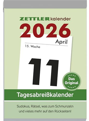 Zettler Tagesabreißkalender XXL 2026 – Abreißkalender 10 × 14 cm, 1 Tag pro Seite mit Sudoku, Rezepten, Rätseln & Tipps auf den Rückseiten, FSC-zertifiziert