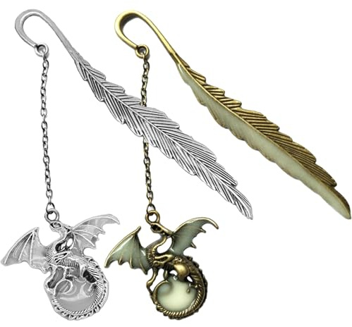 DKDDSSS 2 Stück Leuchtendes Lesezeichen, Leuchtende Feder Lesezeichen, 3D Lesezeichen, Lesezeichen 3D Fliegender Drache Anhänger, für Leser Bücherwürmer Liebhaber Basteln