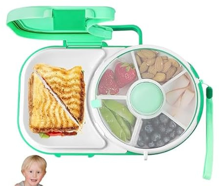 Grillix Kinder Snackbox mit Fächern und Deckel, Grün Multifunktionale Baby Snack Spinner mit Tragbarem Box Set, Sicher Versiegelter Runde Snackbox Kinder, Reusable Snack Container für Kleinkinder