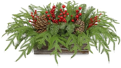 Hollyone Weihnachtsdeko Kunstpflanze Weihnachten Topfpflanze Künstliche Norfolk-Kiefern im Topf mit Beeren Tannenzapfen Dekopflanze für Tischdeko Fensterbank Balkon Weihnachtsschmuck
