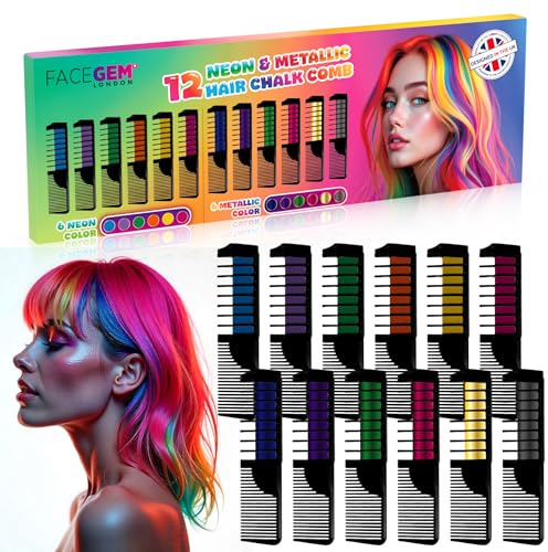 12 Hair chalks comb, 12 NEON & METALLIC hair chalk, Non-Toxic Easy Washable Hair Dye Colourful, METALLIC & NEON hair chalk -Perfect for Festivals, Halloween, Party, hair chalks for girls