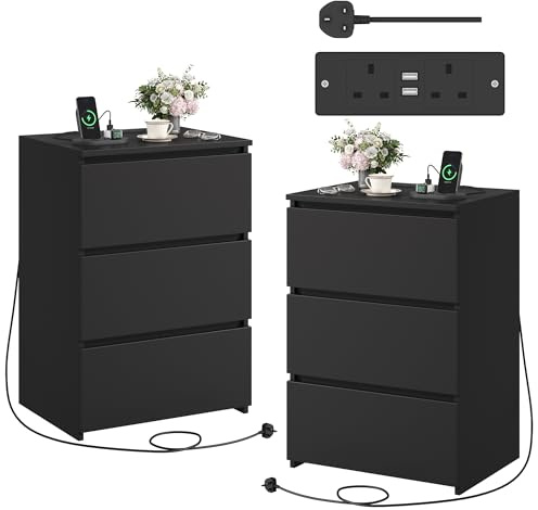 FirFurd Nachttisch 2er Set mit Steckdosenleiste Nachtschrank 3 Schubladen | Beistelltisch mit 2 AC-Steckdosen, 2 USB-Anschlüsse, 1,8 m Netzkabel, Nachtkommode für Schlafzimmer, 45x38x66cm, schwarz
