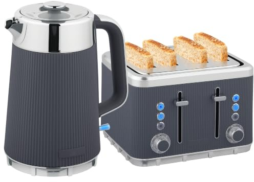 HOMCOM Electric Stainless Steel Kettle and Toaster Set 3000W 1.7L Grey | UK Strix Thermostat, Fast Boil Kettle, Limescale Filter, Cool Touch Body, 4 Slice Toaster, 7 Browning Levels
