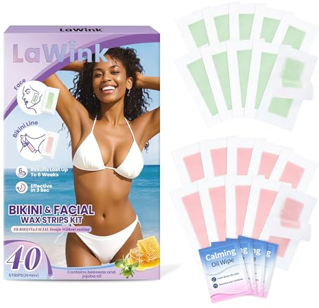 LaWink Augenbrauen Gesichts Lippen und Bikini-Wachsstreifen 40stk gebrauchsfertige Wachsstreifen für empfindliche Haut, inklusive 4 Öltüchern zur Nachbehandlung, Enthaarungs-Wachsstreifen für Frauen
