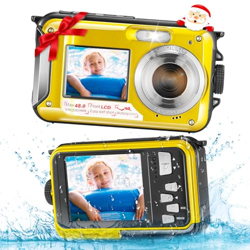Jradse wasserdichte Digitalkamera, 2.7K HD 48MP Unterwasserkamera mit Dualem Display 3M Tauchkamera für Schwimmen, Anti-Shake 16X Digitaler Zoom, Gelb