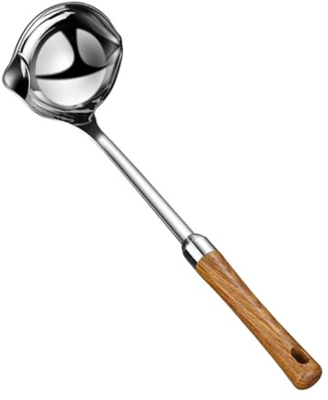 Edelstahl Suppenkelle mit Holzgriff, Ölabscheider und Langer Stiel | 1 Stück, Separates Öl und Suppe, Wärmeübertragung, Leicht Aufzuhängen Zufällige Farbe
