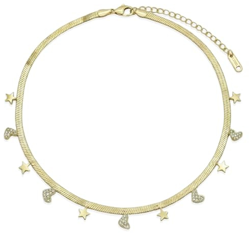 Elbella Hamburg Halskette Damen Herz & Stern Schlangenkette 14K Gold vergoldet aus Edelstahl – Wasserfest & Verstellbar – Schmuck Geschenk für Frauen & Freundin – Sternenregen-Kollektion
