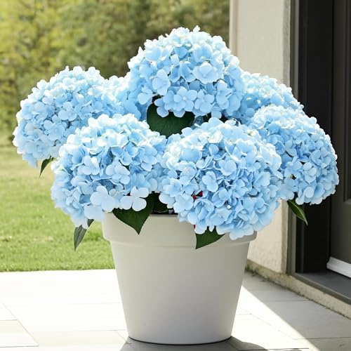 Auihiay 6 Bundles Hydrangea Artificial Flowers for Outdoors and Indoor, Bulk 30 Heads, UV Resistant Faux Hydrangea Flowers for Garden, Porch, Yard, Window Box & Outdoor Wedding Decoration (Blue)