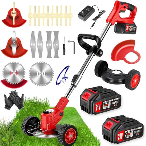 Desbrozadora ligera con batería, 21 V, 2000 Ah, batería y cargador rápido, desbrozadora 4 en 1/cortadora de bordes de rueda/minicortadora de césped/desbrozadora con 3 tipos de cuchillas para jardín