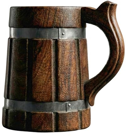 Wooden Beer Mug 15 oz Tankard, Handmade Vintage Viking Barrel Style Wood Stein with Reinforced Metal Bands & Ergonomic Handle, Rustic Coffee Tea Ale Mug Gift for Men & Women