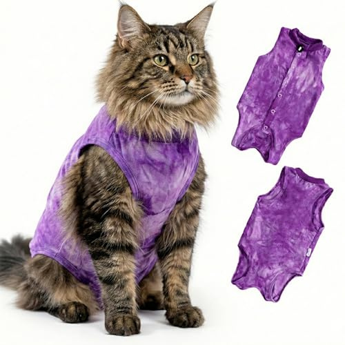 Body De Recuperación para Gatos,Body gatos postoperatorio hembra,Mono Suave para Después De Cirugía,Transpirable para Gatas Esterilizadas,traje de recuperación para heridas abdominales(Morado, L)
