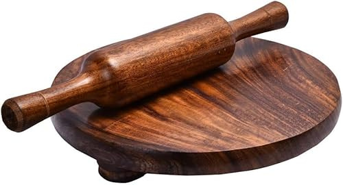 MITRAM Wooden Chapati Chakla Belan Set (9 inch) Colour May Vary - Traditional Sheesham Wood Roti Maker & Rolling Pin - Images are for Advertising Purposes Only Actual Product May Vary