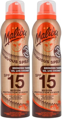 Malibu Sun SPF 15 Continuous Tanning Oil with Coconut Spray, Easy Application, Medium Protection, Moisturising Body Oil Mist, 175ml (Pack of 2)