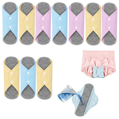 10 PCS Reusable Period Pads for Women, Cotton Reusable Sanitary Pads 23CM, Washable Panty Liners for Women with Assorted Colours, Soft Reusable Pads for Women for Daily Comfort and Light Flow