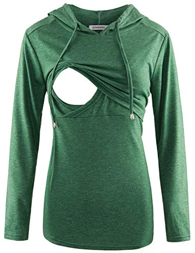 Women's Maternity Nursing Shirts Top Long Sleeves Breastfeeding Maternity Tops Casual Clothes with Kangaroo Pocket,L Green