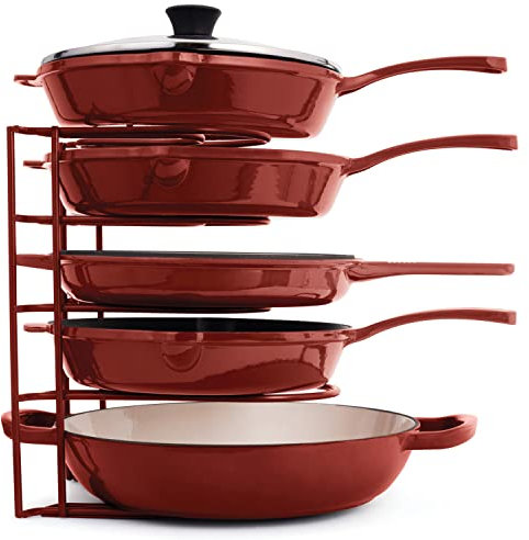 cuisinel Heavy Duty Pan Rack Organiser - RED - 12” / 30cm 5-Tier Kitchen Storage Organizer - Holds 50-LBS / 22.5 KG of Cast Iron Skillets, Pans, Griddles and Shallow Pots - Durable Steel Organizer