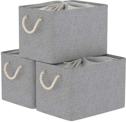Yawinhe 3 Stück Faltbare Aufbewahrungsboxen,Korb,38x28x26cm,Grau | Aufbewahrungskorb Stoff,mit Kordelzug-Abdeckung und 2 Griffen, Körbe Aufbewahrung,Kisten Aufbewahrung für Schrank und Regal