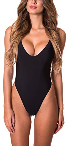 RELLECIGA Costume Donna Intero Monokini High Cut One-Piece String Thong Bikini Nero L
