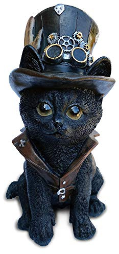 Objectz Steampunk Cogsmiths Cat, kleine Schwarze Katze mit Zylinderhut und Zahnräder, außergewöhnliche Dekofigur - Skulptur Fantasy Figur - Katzen Deko, Höhe 18,3 cm (Cat/Katze)
