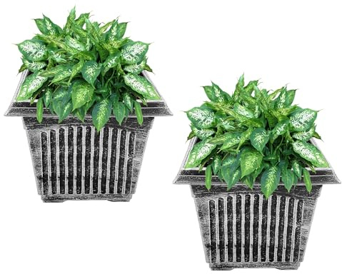 SG Traders Plant Pot, Large Square Plastic Planter for Garden, Flower Pots with Drainage Holes for Indoor and Outdoor, Container for Houseplants, Blackish Silver & Gold wash,26cm,31cm,34cm(Pack of 2)