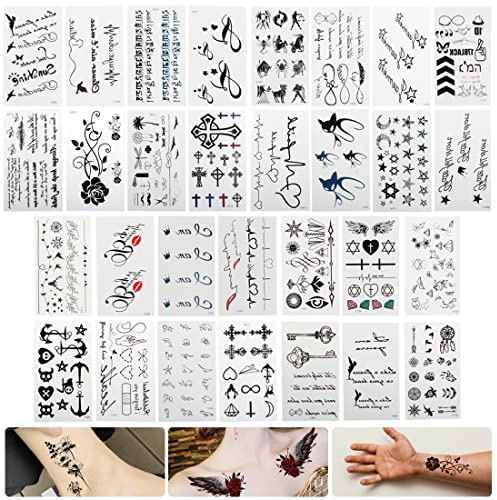 (30 feuilles) Tatouages Temporaires pour femme homme enfants, Imperméables Faux Tatouages Body Art Autocollants De Tatouage Noir bras poignet Tatouages tattoo