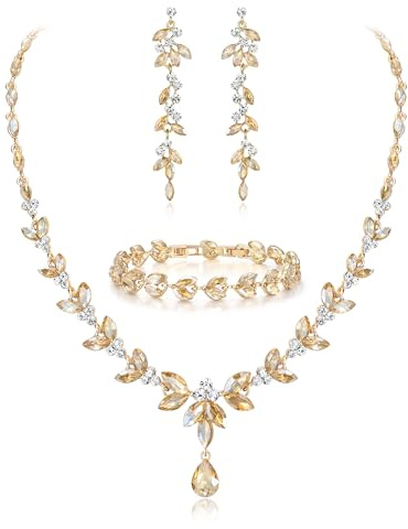 EVER FAITH Schmuckset Österreichisches Kristall Braut Schmuck-Set, Elegante Marquise Strass Blatt Halskette mit baumelnden Ohrringen Tennis-Armband-Set, Braun Gold-Tone