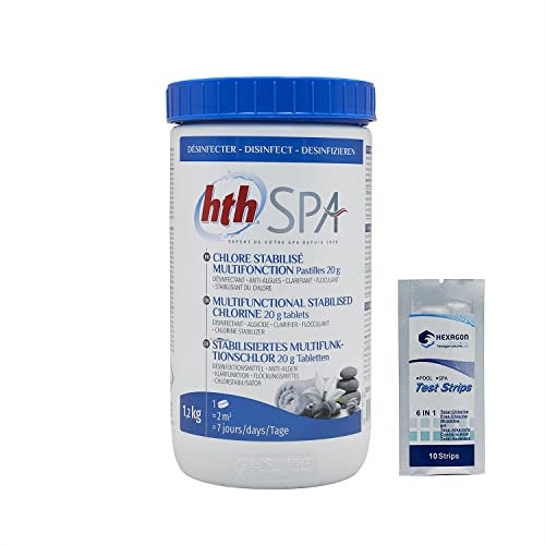 HTH Spa Chlore Multifonction REGULIER Pastilles 20g - 1,2kg | Chlore Stabilisé Multiaction - Désinfection Régulière Multifonction - Dissolution Lente + 10 Tests HPS OFFERTS 6 en 1