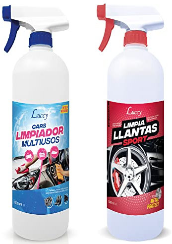 Kit Limpieza Coche | Limpia Llantas + Limpiador Multiusos Interior y Exterior del Vehículo (Tapicería, Salpicadero, Plásticos, etc)