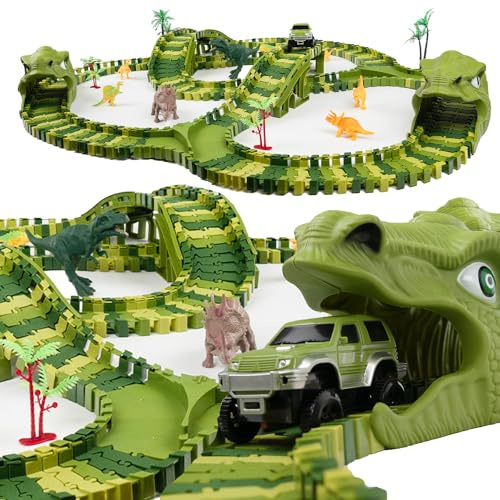 CELMAN dinosaurieleksaker – flexibel racerbana med många delar och terrängfordon, bilbana lekset för barn från 3 4 5 6 7 8 år komplett set gåva (D-240)