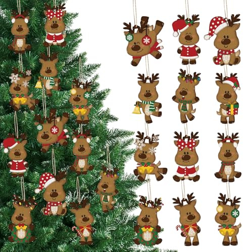 Holzanhänger Weihnachten Elch, 24 Stück Weihnachtsanhänger REH Christbaumschmuck Holz Antikstil Weihnachtsdeko Anhänger für Weihnachtsbäume Festliche Innendekoration