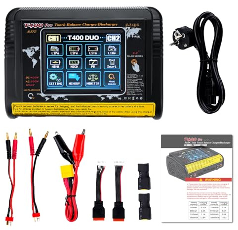 Lipo ladegerät mit Balancer RC ladegerät lipo Charger DC/AC dual Charging 11-18V 400W AC 100-240V 200W Auto Erkennung LiPo/Lilon/Life/NiMH/NiCd/PB/NiMH 3,2 Zoll LCD Touchscreen 12A (T400)