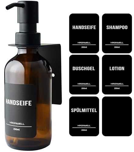 KRONWELL® Seifenspender Wandbefestigung ohne Bohren - Pumpspender für Bad & Küche - Glas Spülmittelspender Wandmontage - Wandseifenspender - 250ml - Braun