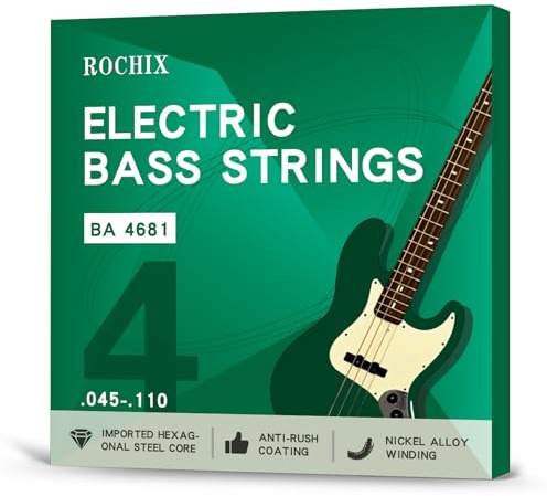 Rochix Professional Bass Saiten - BA 4681, Sechseckiger Stahlkern mit vernickelter Umspinnung, Premium Qualität für Profi Spieler(4 Saiten/Satz)