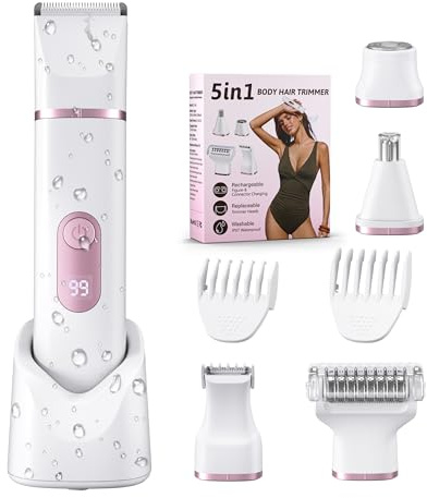NPYXBR 5-in-1 Bikini Trimmer for Women: IPX7 Waterproof Electric Razor Shaver for Silk Skin, Easy Cleaning, 5 Head, Rechargeable Body Hair Removal, LED Display, Ceramic Blade, Gifts for Her