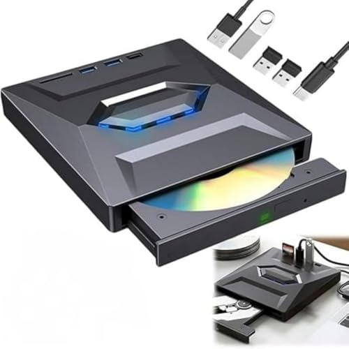 Giurui 7-in-1 External USB DVD Drive & Blu-ray Player, USB C 3.0 Type-C Portable BD/DVD/CD Burner Writer Reader with 3 USB Ports Hub & SD/TF Card Reader, 6X Blu-ray Optical Drive for Desktop Laptop