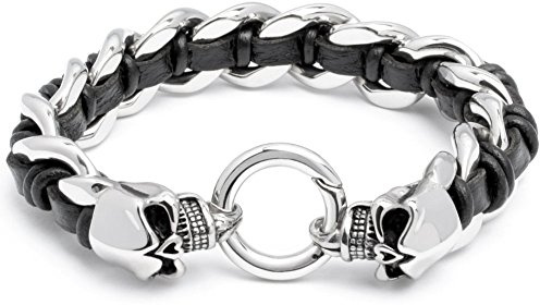 Edelstahl Herren Armband Totenkopf Schädel Panzerarmband Bikerschmuck Panzerkette silber schwarz Leder