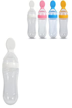 Cucchiaio per Alimenti per Bambini, 1Pc 90mL Silicone Baby Biberon Alimentatore per Ciuccio Neonato Fresh Food Cereal Squeeze Style con Cucchiaio e Coperchio Igienico(white)