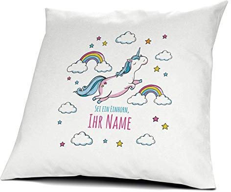 printplanet® Kissen mit Namen personalisiert - 100% Baumwoll Kopfkissen - Motiv Dickes Fliegendes Einhorn individuell gestalten - Kissenbezug inkl. Füllung - 40 x 40 cm
