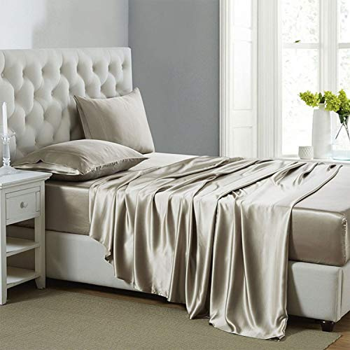 Lanest Housing Silk Satin Sheets, Queen Size Satin Bed Sheet Set with Deep Pockets, Cooling Soft and Hypoallergenic Satin Sheets Queen - Taupe