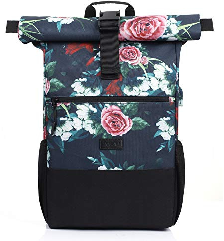 Rolltop-ryggsäck Kvinnor, Laptop-ryggsäck för 17,3-tums bärbar dator, Skolryggsäck för tonårsflicka med USB-laddningsport för arbete, universitet, skola, resor, sportryggsäck (Flower-26L)