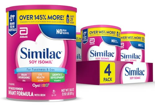 Similac Soy Isomil Infant Formula, for Fussiness & Gas, Plant-Based Protein, Infant Formula Powder, 30.8-oz Value Can, Pack of 4