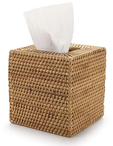 Kosmetiktücherbox aus Rattan, Dekorativer Gewebter Kosmetiktuchhalter, Taschentuchspender für Bad/Küche/Büro, 14,5 x 14,5 x 14,5 cm