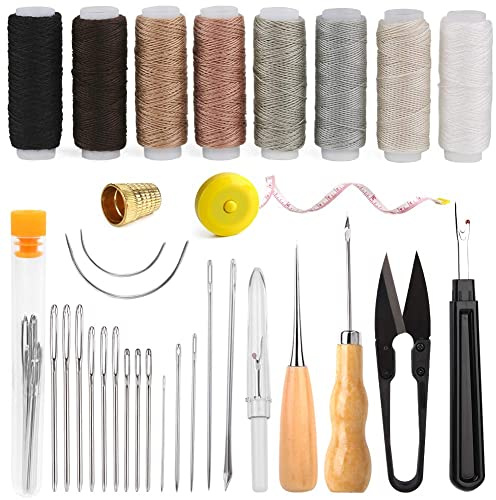 BAGERLA Kit de costura resistente con punzón de costura, desgarrador de costuras, agujas, hilo, kit de herramientas de artesanía de cuero para zapatos, sofá, tienda de campaña, alfombra, manualidades