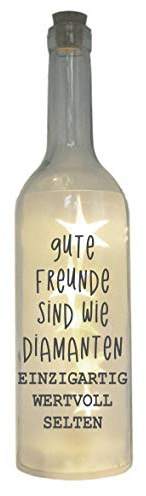 WB wohn trends LED-Flasche mit Motiv, Gute Freunde sind wie Diamanten, grau, 29cm, Flaschen-Licht Glitzer-Flasche Leuchtflasche Lampe mit Text Spruch